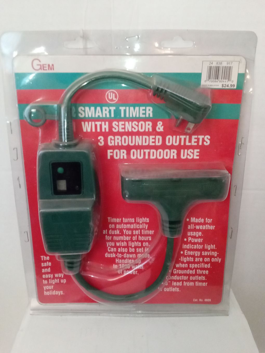 Gem Outdoor - Smart Timer with Sensor & 3 Grounded Outlets for Outdoor Use