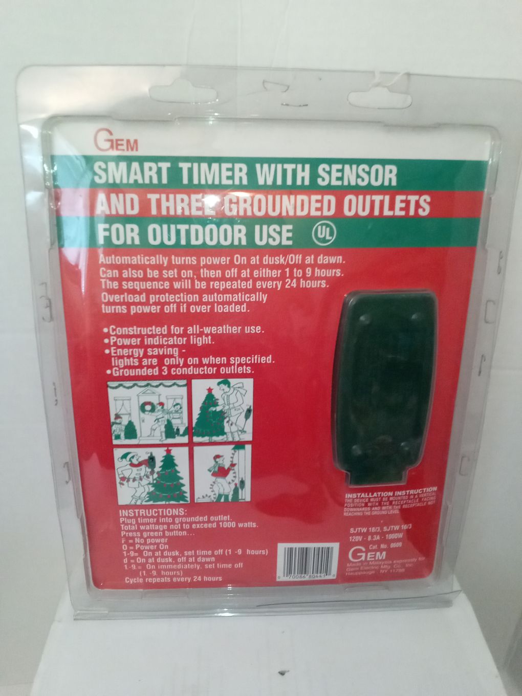 Gem Outdoor - Smart Timer with Sensor & 3 Grounded Outlets for Outdoor Use